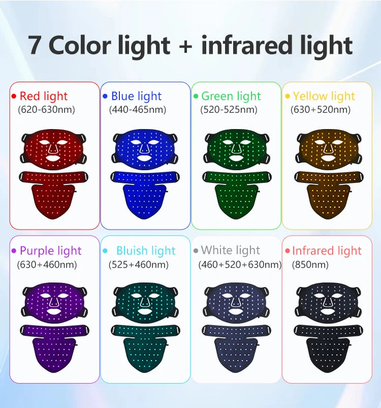 Máscara facial LED com luz infravermelha e 7 cores: vermelho, azul, verde, amarelo e mais
