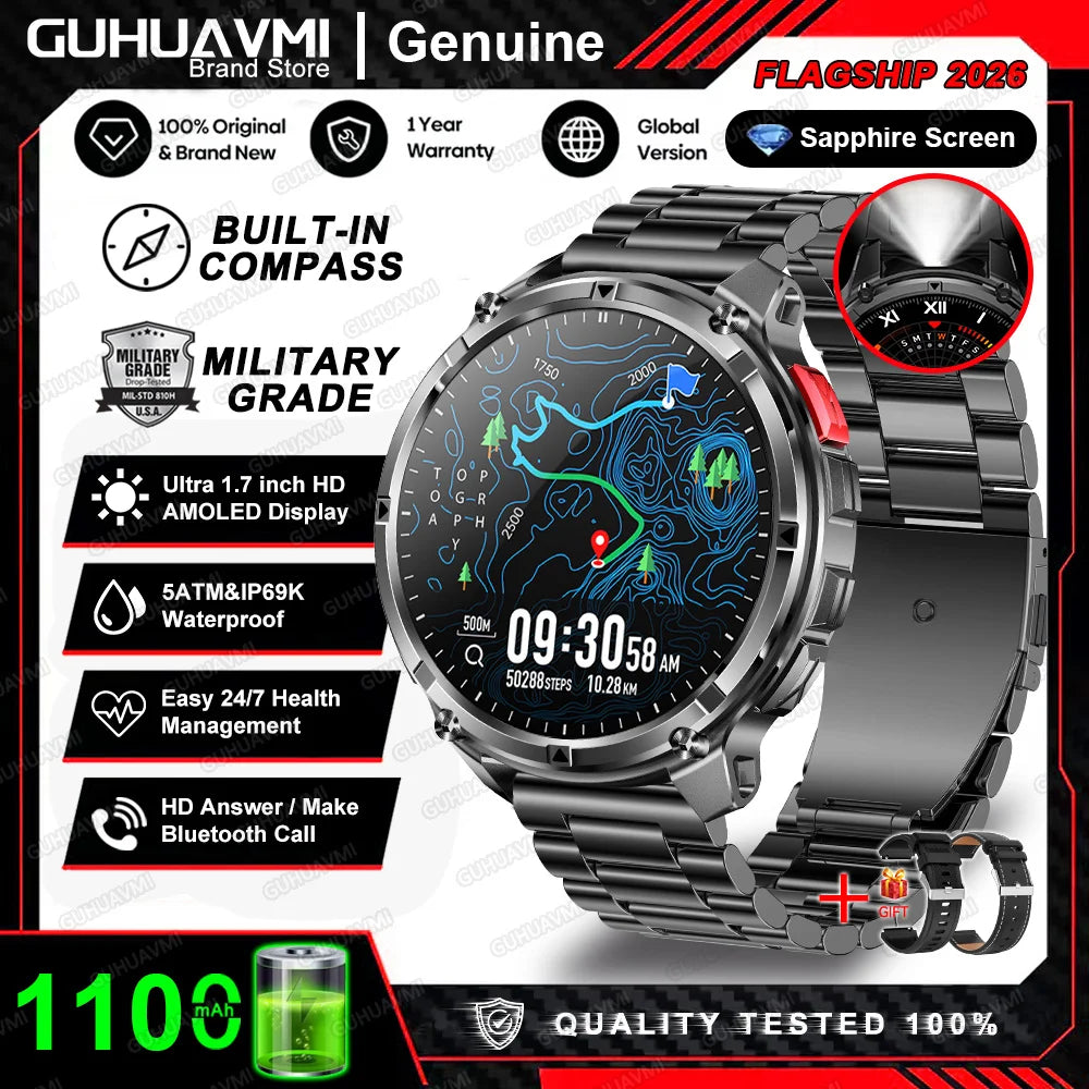 Smartwatch com pulseira de metal preta e mostrador circular com visor colorido