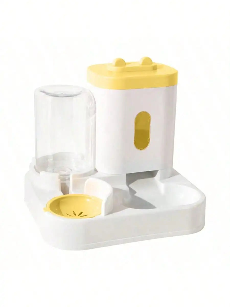 Bebedouro e comedouro automático para gatos branco com tampa amarela e bandeja