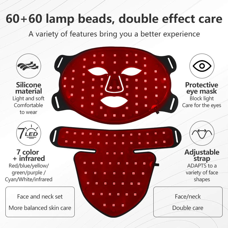 Máscara facial LED vermelha com extensão para pescoço e alças ajustáveis, LEDs