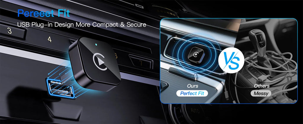 Adaptador sem fio CarPlay e Android Auto conectado à porta USB do carro