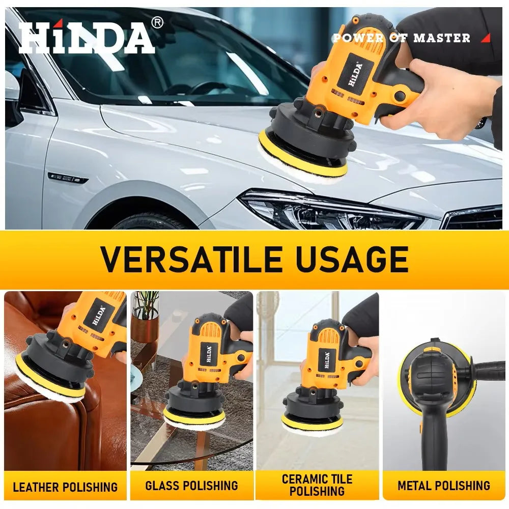 Politriz automotiva laranja em carro branco com disco amarelo e capa de proteção