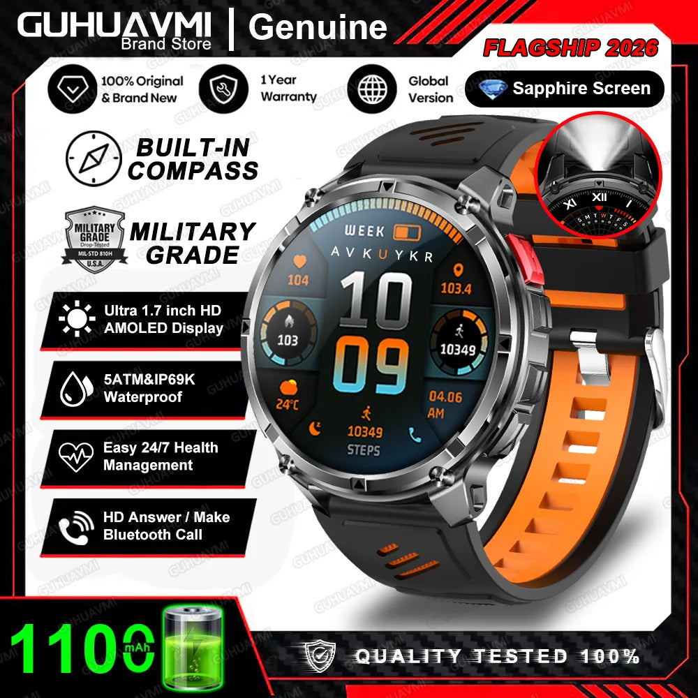 Smartwatch preto com pulseira laranja e mostrador digital colorido