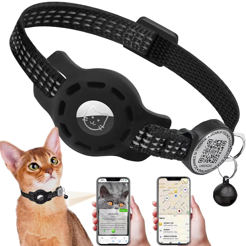 Coleira refletiva para gato preta com suporte AirTag e pingente com sino