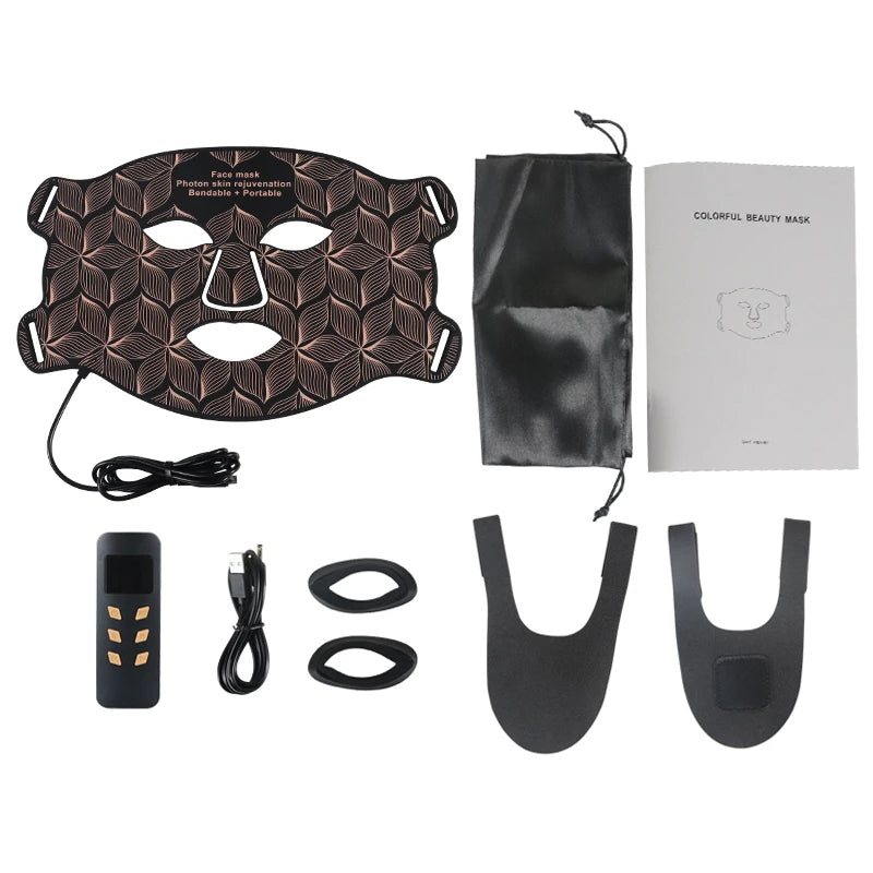 Máscara facial LED preta e dourada com padrão, extensão para pescoço e itens do kit