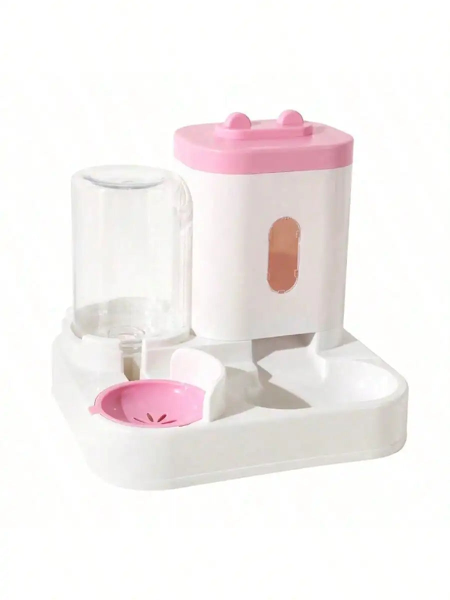 Bebedouro e comedouro automático para gatos branco com reservatório rosa e bandeja