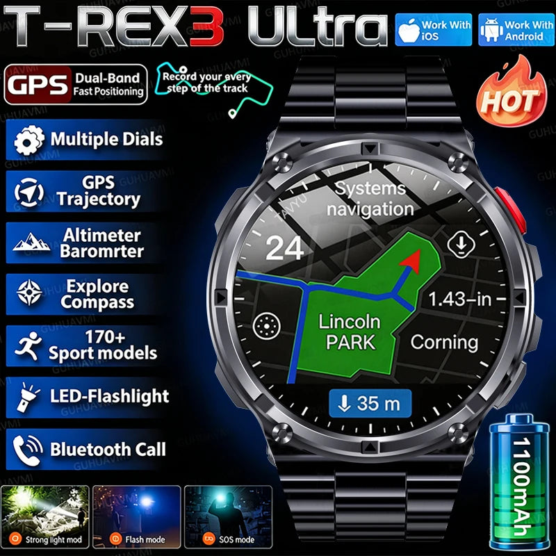 Smartwatch com pulseira de metal preta e mostrador circular estilo navegação