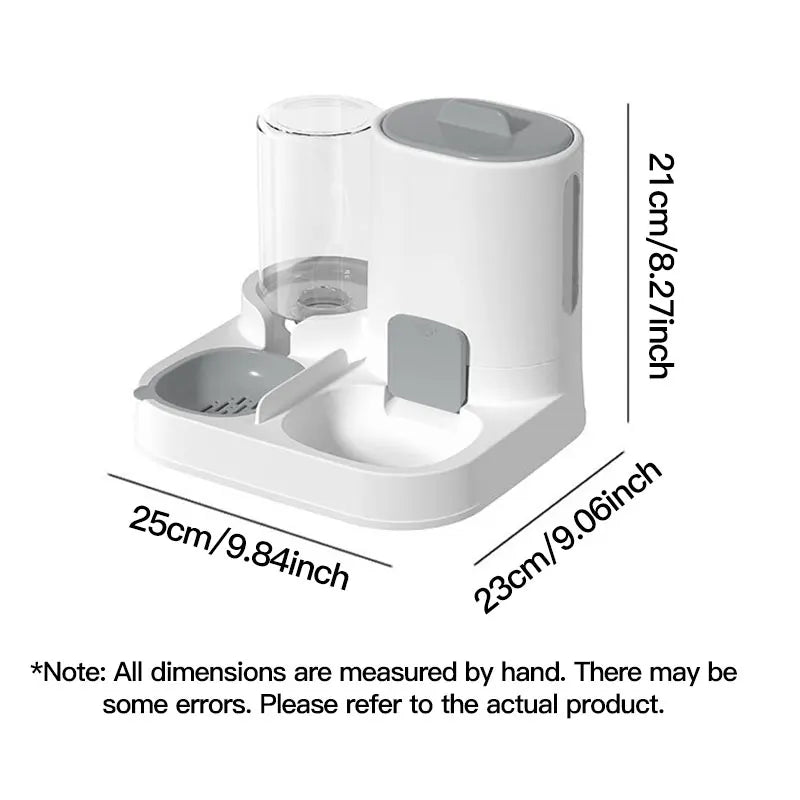 Dispenser automático de água e comedouro para gatos, vista lateral com base branca