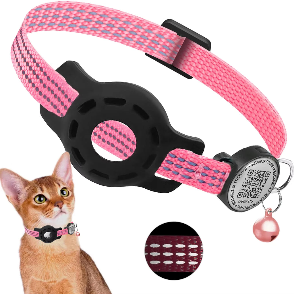 Coleira refletiva para gato rosa com suporte AirTag, QR code e sino