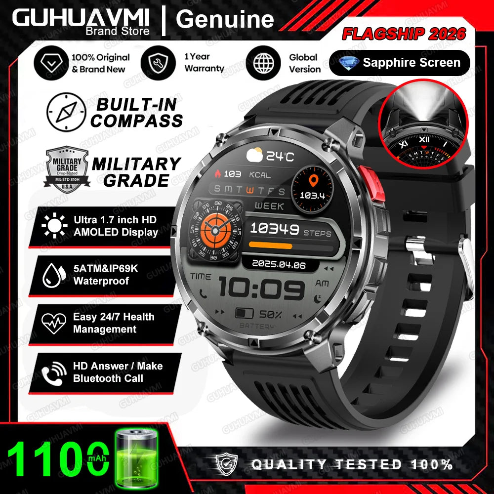 Smartwatch preto com pulseira perfurada preta e mostrador digital
