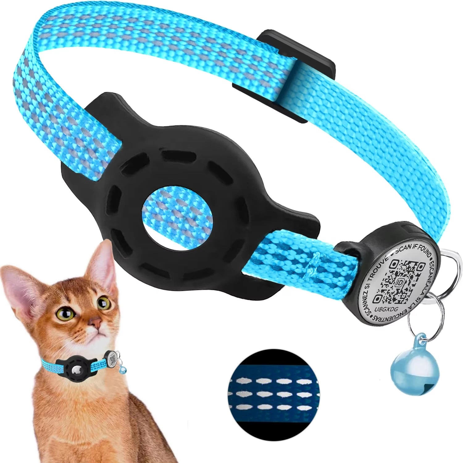 Coleira refletiva para gato azul com suporte AirTag, QR code e sino