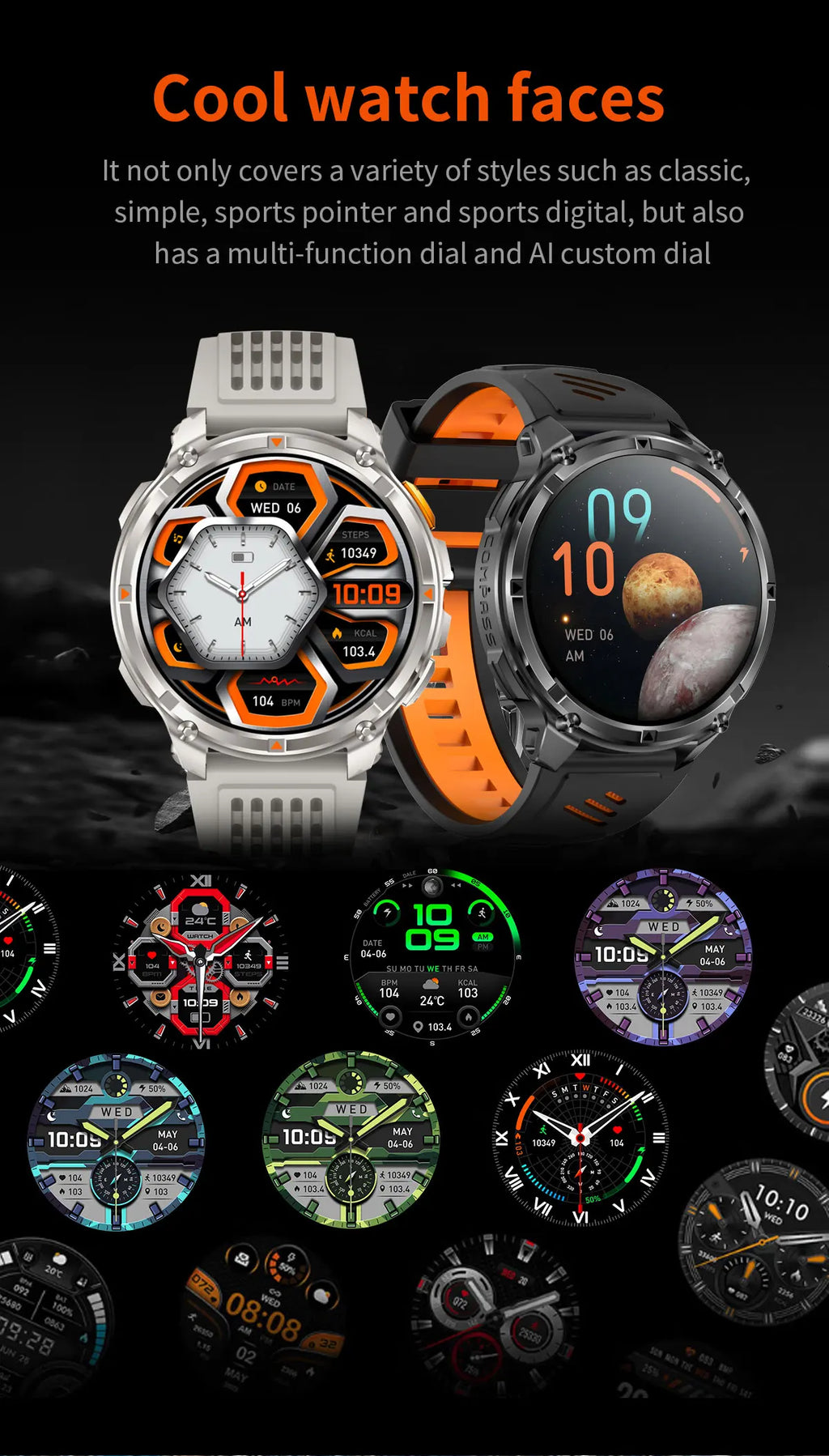 Conjunto de smartwatches com mostradores digitais coloridos em fundo escuro