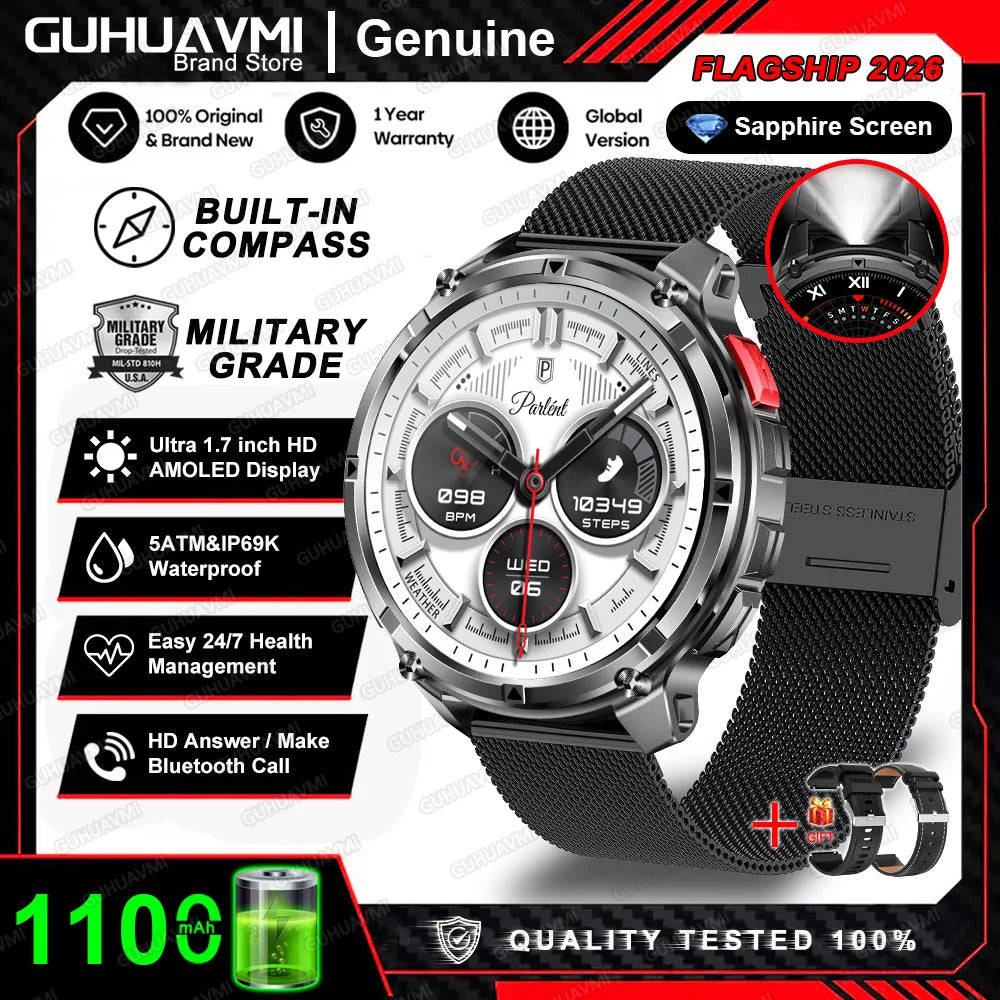 Smartwatch redondo preto com pulseira de metal trançado e mostrador digital